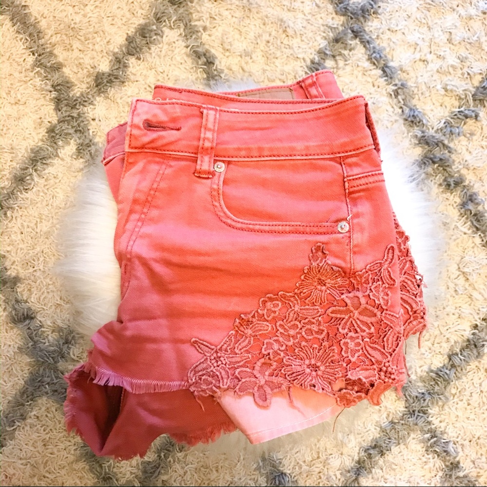 AEO Coral Floral Denim High Rise Festival Shorts